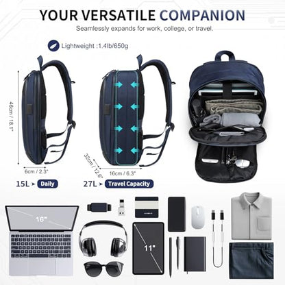 Small Inch Laptop Backpack, Expandable with USB Port, Water-Resistant for Work, College and Travel, Blue - color: Blue