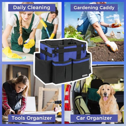SCAVATA Compact Wearable Cleaning Caddy with Handle & Shoulder Straps | Small Cleaning Supplies Organizer, Under Sink & Car Cleaning Tools Storage Bag for Housekeepers Cleaners, Blue - color: Blue