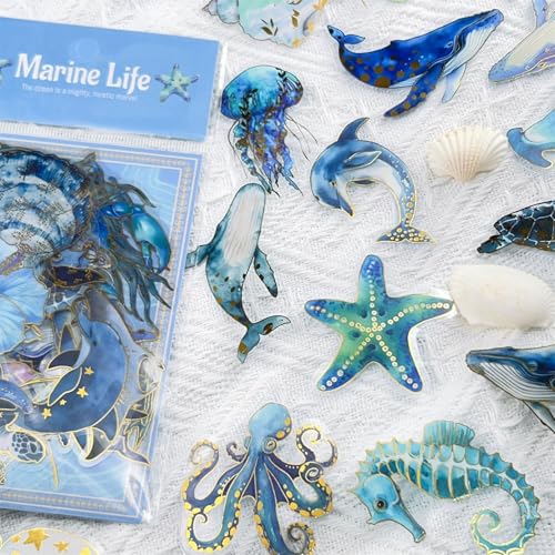 50PCS Cute Marine Life Gold-Embossed Waterproof Stickers for Water Bottle, Cool Marine Creatures Transparent Stickers Pack for Laptop, Scrapbook, Ocean Animal Blue Golden Decals Gift (Colourful-B7) - color: Colourful-b7