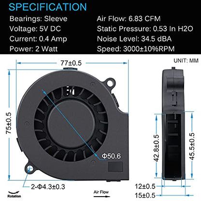 GDSTIME 75mm USB Blower Fan with 3 Speeds Control, 7515 5V DC Brushless Turbine Turbo Cooling Fan for Helmet Laptop 3D Printer Ventilaiton - size: 75mm x 15mm