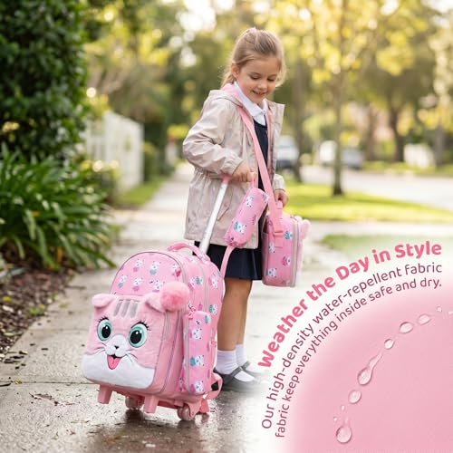 Kids Fluffy Cat Rolling Backpack for Girls, Pink School Bags | Trolley Suitcases Luggage Travel with Wheels Bookbag Wheeled 3PCS Roller Backpacks Set Toddler Back Pack Elementary - color: Pink-0121-maorong-mao