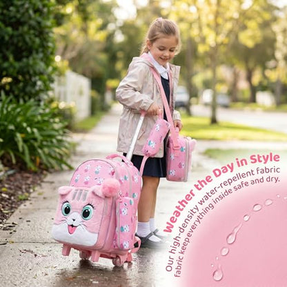Kids Fluffy Cat Rolling Backpack for Girls, Pink School Bags | Trolley Suitcases Luggage Travel with Wheels Bookbag Wheeled 3PCS Roller Backpacks Set Toddler Back Pack Elementary - color: Pink-0121-maorong-mao