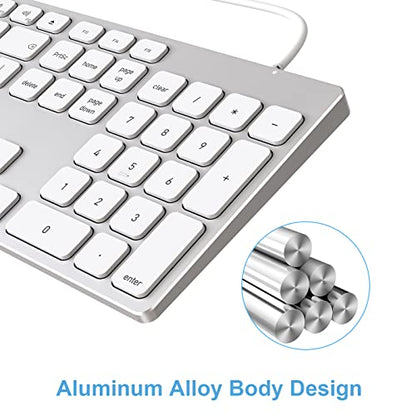 9H Aluminum USB Wired Keyboard with Numeric Keypad for Mac & PC | Compatible with Mac Pro, Mini, iMac, MacBook Pro/Air, Laptops and PC Computers - color: Silver