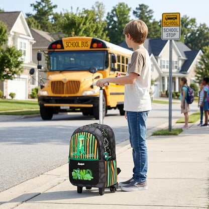 Kids Rolling Backpack for Boys 16.5" School Roller Backpack with Lunch Box, Toddler Backpacks with Wheels Rollig Wheeled Backpacks for Elementary School - color: Green Dinosaur