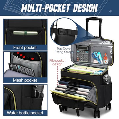 RUCYEN Rolling Teacher Tote Bag for Women Men,Large Laptop Bag With Detachable Wheels Trolley,15.6 Inch Laptop Wheeled Teacher Bag for Work Office Nursing(With a Tote Bag) - color: Golden Black+1 tote bag