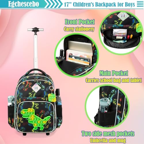 Kids Rolling Dinosaur Backpack for Boys Luggage Suitcase With Wheels Trolley Wheeled POP Roller Backpacks for Elementary Travel School Bags 17" 3PCS Toy Backpack With Lunch Box Green - color: 041123-konglong