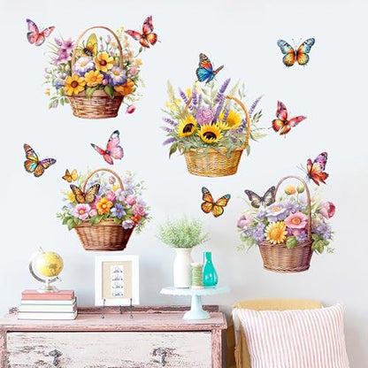 Flower Basket Butterfly Wall Stickers Bedroom Bathroom Restroom Cistern Nursery Decor DIY Removable Bouquet Toilet Seat Lid Decals 4 Pcs (Yellow) - color: Yellow