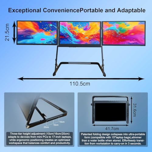 15.6'' Laptop Screen Extender Portable Triple Monitor | 1920x1080 IPS 3-Screen Foldable Display, Quad Screen View Workstation for 13.6"-17" Laptops,USB-C & Mini H/D Interface - size: 15.6 Inch