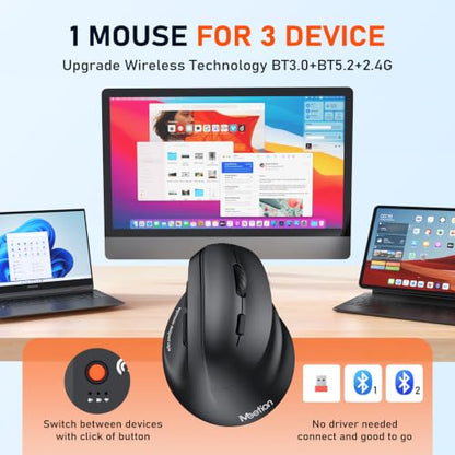MEETION Ergonomic Wireless Vertical Mouse, Rechargeable, Black | Bluetooth 5.2 + 3.0 and USB connectivity, RGB backlight, 4 DPI adjustment, compatible with Windows, Mac, Android, PC and iPad - color: Right Black