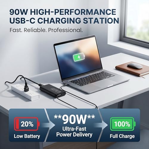 90W USB C Laptop Charger Compatible with Dell XPS 13 9365/9360/ 9370/7390/ 9300/9310/ 9320; Latitude 5400/5410/ 7300/7310/ 7400/7410; Inspiron 13/14/15 Type-C PD Fast Power Adapter
