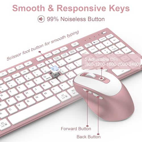 Rechargeable Wireless Keyboard and Mouse, with Number Pad Rose Pink | Quiet Silent, Slim Thin Flat Low Profile Soft Key, USB C, with Skin Cover, Ergonomic Mouse, for Mac Windows PC, Home Office - color: Pink Rose Gold