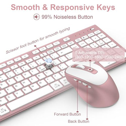 Rechargeable Wireless Keyboard and Mouse, with Number Pad Rose Pink | Quiet Silent, Slim Thin Flat Low Profile Soft Key, USB C, with Skin Cover, Ergonomic Mouse, for Mac Windows PC, Home Office - color: Pink Rose Gold