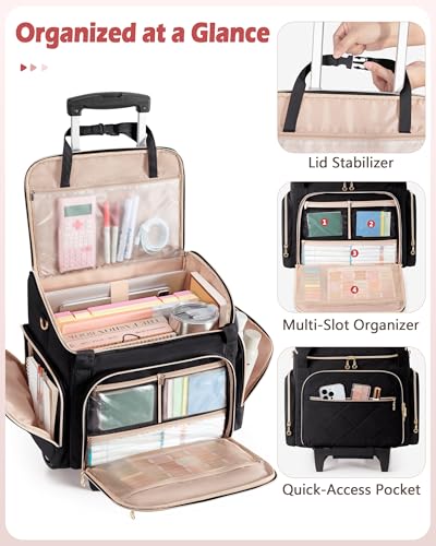 Marscamd Rolling Teacher Bag with 15.6" Laptop Compartment for Work | Multi-Slot Front Pocket, Detachable Trolley & Shoulder Straps, Water-Resistant, Women Work Briefcase Tote with Wheels (Black) - color: Black