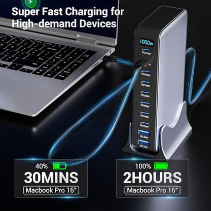 1000W USB C Charging Station, 10 Port GaN Desktop Charger, Multi Device Fast Charging Station with PD USB C Ports, High Power Charging Hub for Laptop, Tablet, iPhone, Office & Home - color: 1000W