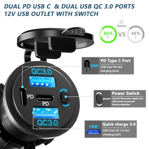 VANONE 12V USB Outlet with On/Off Switch – 4-Port Fast Charging for Car, Boat, RV & Marine Use, Prevents Battery Drain, Built-in Professional Look, Complete DIY Kit for Permanent Installation