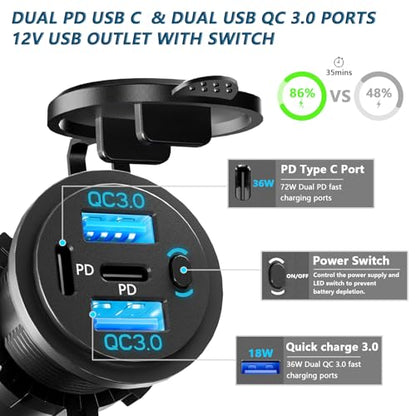 VANONE 12V USB Outlet with On/Off Switch – 4-Port Fast Charging for Car, Boat, RV & Marine Use, Prevents Battery Drain, Built-in Professional Look, Complete DIY Kit for Permanent Installation