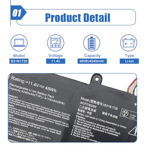 48Wh B31N1726 Battery (Long Line) Replacement for ASUS ROG Strix G531 G531GT G531GT-BI7N6 G15 G512 G512LI Series 11.4V 4240mAh - size: 7.31*3.79*0.35 inch B31N1726