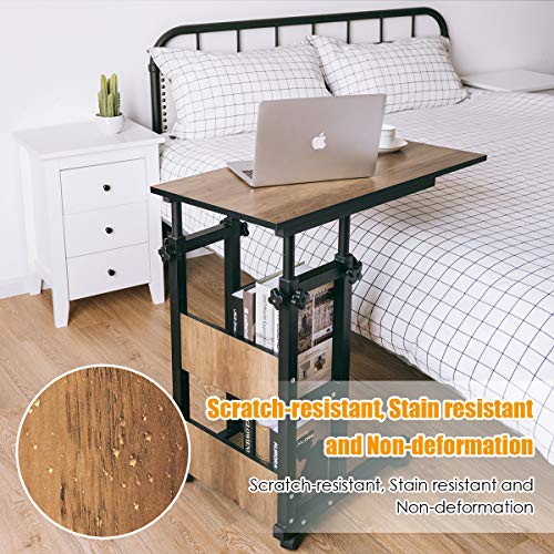 Tangkula Rolling Height Adjustable C Table, Mobile Sofa Side End Table Couch Desk, Sofa Desk Snack Table with Storage Shelves, Bed Side Table for Coffee Laptop Tablet, Wood Look Accent Furniture