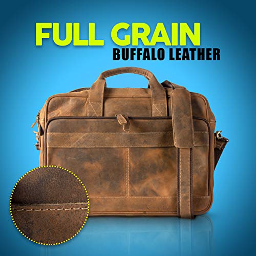 KomalC Leather briefcase 16 inch Laptop Messenger Bag for Men and Women Best Office Satchel Bag - color: Distressed Tan