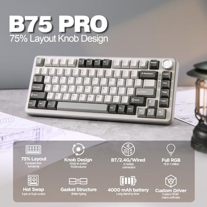 YUNZII B75 PRO Wireless Mechanical Keyboard(Milk Switch,Grey) Keynovo Gaming Mouse Pad(35.4'' x 15.7'', White Topographic)