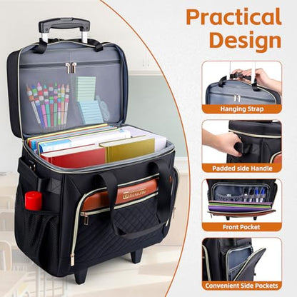 Rolling Teacher Bag with Detachable Cart - 1680D Waterproof Oxford Rolling Cart for Teachers, Large Capacity Tote with Wheels Fits 15.6" Laptop & Tablet(BLACK) - color: Black