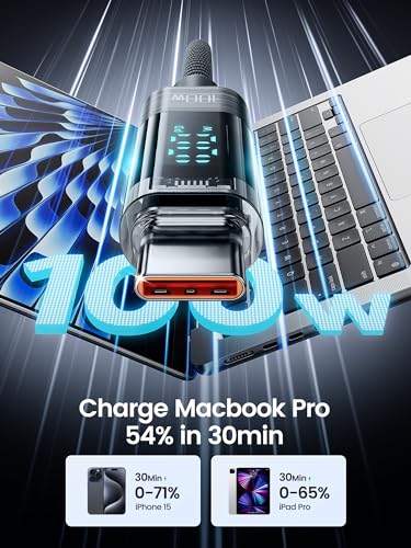 toocki USB C to USB C Cable with LED Display 100W 3.3ft, 2Pack | Fast Charging, Nylon Braided, Grey, Compatible with iPhone 17/16, MacBook Pro, Galaxy S25 - color: Grey, size: 3.3+3.3ft