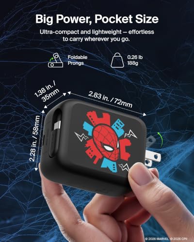 Belkin Marvel Spider-Man 67W USB C Retractable Charger Block Fast Charging | 3.3ft Retractable Cable, USB C Port, iPhone 17, Galaxy S26, AirPods, iPads, MacBook, Travel Charger, Charge Up to 2 Devices - color: Spider Man, style: 67W
