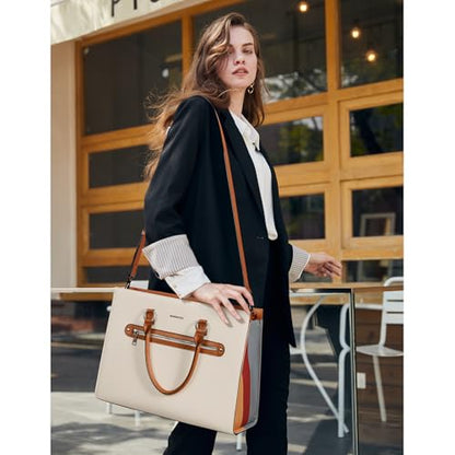BOSTANTEN Leather Laptop Briefcase for Women Shoulder Bag 15.6 Inch Business Computer Work Tote - color: A-beige