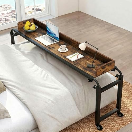 Tangkula Overbed Table with Wheels, Queen Size Mobile Bed Desk with Adjustable Height & Length, Rolling Computer Desk with Metal Frame, Laptop Cart for Bedroom, Living Room, Hospital (Rustic Brown)