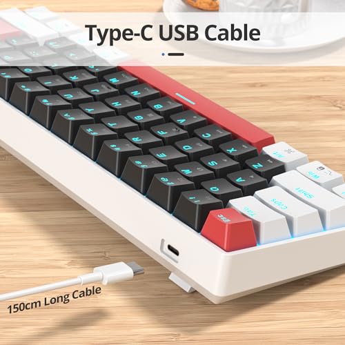 Portable 60% Mechanical Gaming Keyboard, 60 Percent Red Switch LED Backlit, 61 Keys Mini Black & White USB Wired Office Keyboard for Windows Mac Laptop PC - color: 61 White & Black/Red Switch
