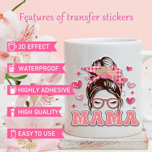 Rngmsi 20 Sheets Mom UV DTF Cup Wrap, Mama Waterproof Cold UV DTF Stickers | Pink Bow Aesthetic Uvdtf Stickers, Rainbow Flower Affirmative Rub on Transfer Decals, DIY Crafts - style: Mama