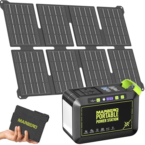 MARBERO Solar Powered Generator 88Wh, 120W Surge with 25W Solar Panel Kit | Solar Generator with Panels Included Portable Power Station with AC Outlet 110V for Camping Outdoor Home Backup Emergency RVs - color: Green Gray