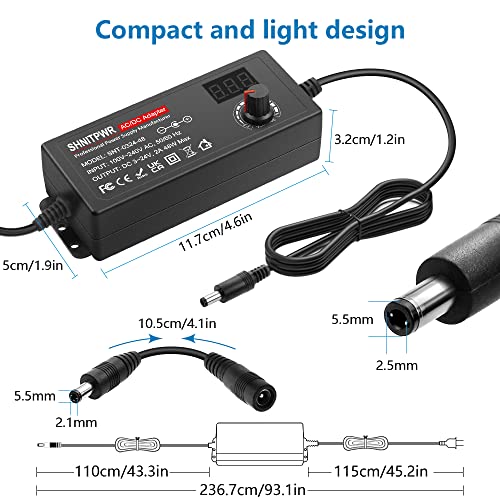 SHNITPWR Universal AC to DC Adapter 3V ~ 24V 2A 48W Switching Power Supply | 100V-240V AC to DC Converter,Variable DC Power Supply with 14 Tips/Polarity Reversal Cable for 12V 24V LED Lights Strip