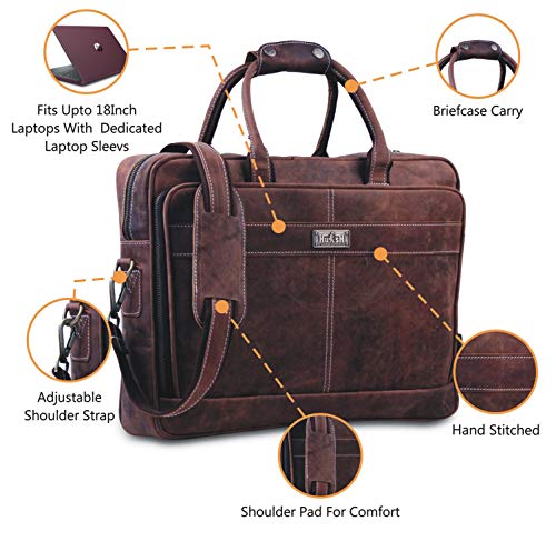 18 Inch Leather Laptop Bag for Computer Bag for Men– Supple Genuine Leather Briefcases for Men W/Padded Laptop Case Leather - color: Brown