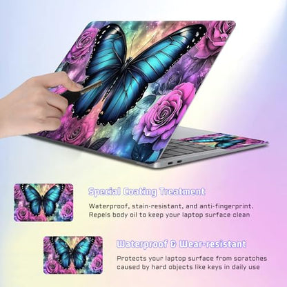 Universal Laptop Skin Sticker Decal, Compatible with MacBook HP Dell Lenovo 12"-15.6", Reusable Vinyl Notebook Cover 3PCS Set, High-Recognition Film-Blue Butterfly with Pink Rose - color: Blue Butterfly with Pink Rose