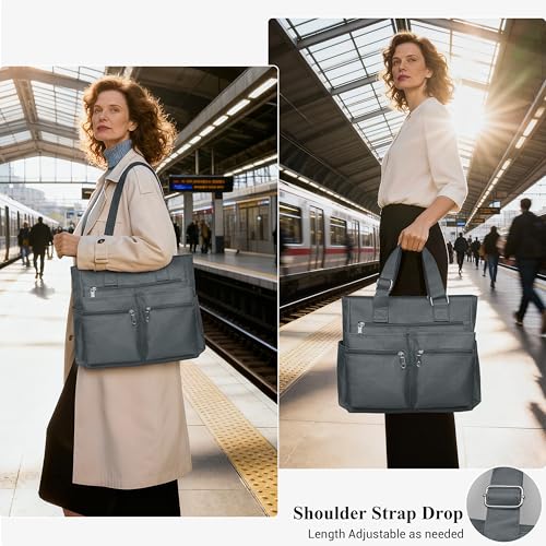 VOLGANIK ROCK Canvas Tote Bag Waterproof Nylon Multi Pocket Shoulder Bags Laptop Work Bag Teacher Purse Handbag for Women Men - color: Grey