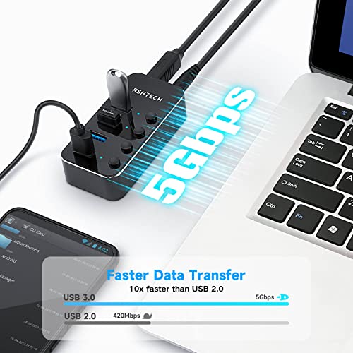 RSHTECH 4 Port Powered USB 3.0/USB C Hub Upgraded Version with 2-in-1 3.3ft USB Cable,5V Power Adapter and Individual Switches, Portable Aluminum USB Splitter for Laptop and PC, RSH-ST04 - size: 4-Port USB 3.0/USB C Hub