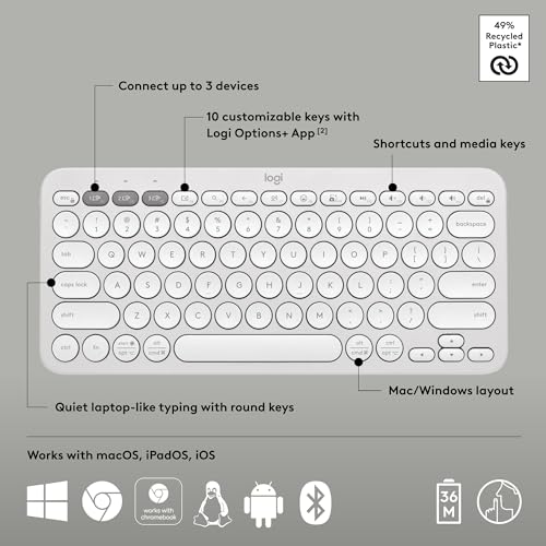 Logitech Pebble Keys 2 K380s Keyboard, Bluetooth, Wireless - Tonal White | Multi-device connectivity, customizable shortcuts, slim and portable, easy-switch for macOS, iPadOS, Android, Chrome OS - color: White