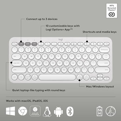 Logitech Pebble Keys 2 K380s Keyboard, Bluetooth, Wireless - Tonal White | Multi-device connectivity, customizable shortcuts, slim and portable, easy-switch for macOS, iPadOS, Android, Chrome OS - color: White