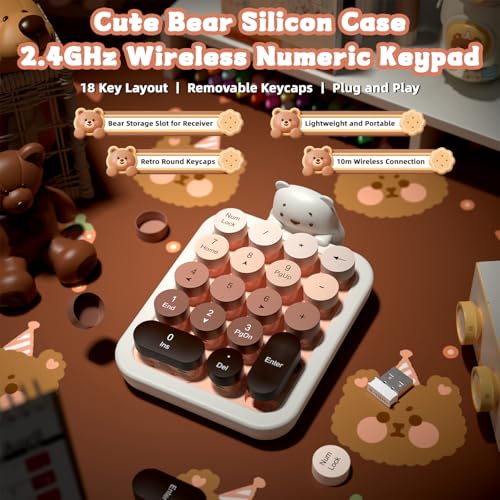 FELICON Cute Wireless Numeric Keypad with Silicon Bear,18-Key-Milk Coffee | Colorful Round Keycaps,Ergonomic,2.4Ghz USB Receiver,Portable Financial Accounting Numpad Membrane Keyboard for PC,Mac,Laptop - color: Milk Tea