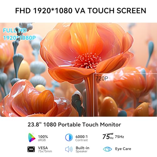 23.8" Portable Touchscreen Monitor 100% sRGB VA FHD 1080P, 4000:1 Contrast, VESA, Built-in Speaker, w/90°Adjustable Stand USB-C HDMI 75Hz External Second Touch Screen Display for Laptop/PC/Phone