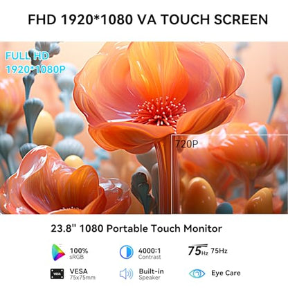23.8" Portable Touchscreen Monitor 100% sRGB VA FHD 1080P, 4000:1 Contrast, VESA, Built-in Speaker, w/90°Adjustable Stand USB-C HDMI 75Hz External Second Touch Screen Display for Laptop/PC/Phone