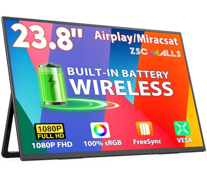 ZSCMALLS 23.8 Inch Wireless Portable Monitor with Built‑in Battery, 1080P FHD IPS Display, AirPlay & Miracast Screen Casting, No App Needed, USB‑C DP Alt Mode & HDMI, VESA - size: 23.8"