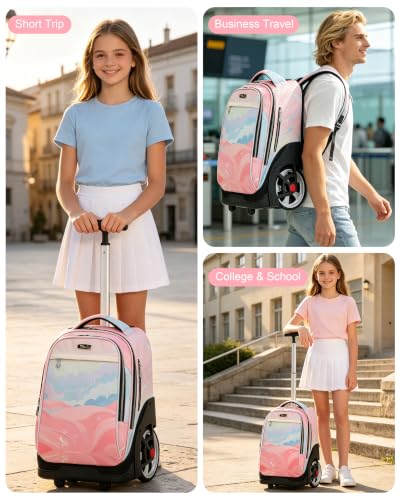 NEW TILAMI 19 Inch Rolling Backpack with Lunch Bag School Stair-Climbing | Stair-Climbing Teen Boys Girls Carry-on Suitcase Large Compartment 15.6 Laptop Sleeve Adjustable Handle Roller Travel Bag - color: Pink