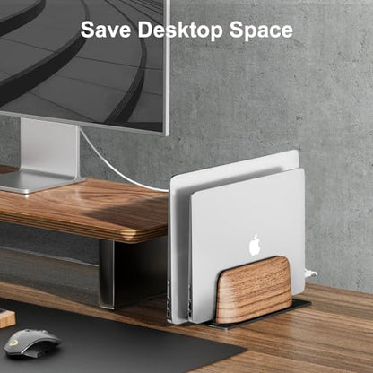 UPERGO Vertical Laptop Stand, Dual Slot Wood Holder for Desk | Solid Walnut & Aluminum, Width Adjustable 0.47"-1.1", Anti-Scratch Silicone Pads, Handcrafted