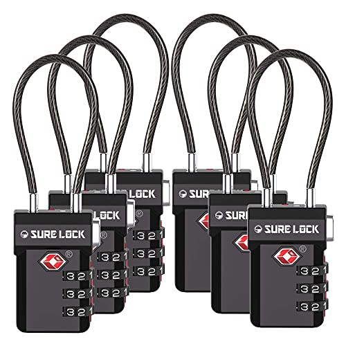 SURE LOCK TSA Approved Luggage Locks with Open Alert Indicator, 3 Digit Combination Cable Travel Lock for Suitcase, Backpack, Gym Locker, Toolbox, Carry On & Travel Bag - color: BLACK 6 PACK