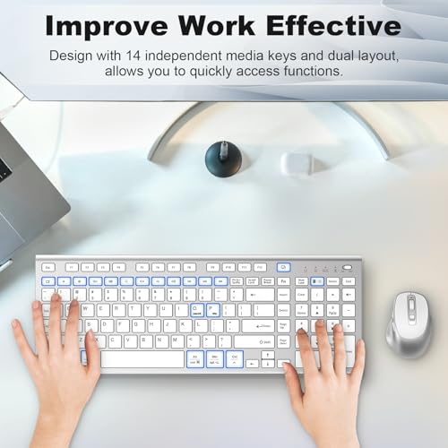 Rechargeable Wireless Keyboard and Mouse, with Number Pad Silver | Quiet Silent, Slim Thin Flat Low Profile Soft Key, USB C, with Skin Cover, Ergonomic Mouse, for Mac Windows PC, Home Office - color: Silver