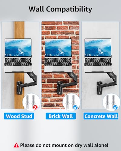 MOUNTUP Laptop Wall Mount, Adjustable Laptop Mount for Max 17" Notebook or Max 32" Monitor, Wall Mount Laptop Holder Holds 4.4-22lbs, 2-in-1 Laptop Arm with Ventilated Tray - size: Single, style: Wall mount