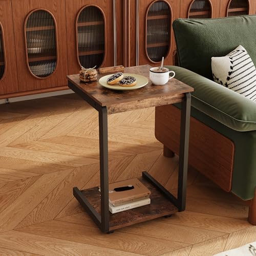 Rolling TV Tray Table with Storage,C Table with Drawer for Couch | Rolling Side Table with Storage，TV Tray Table on wheels with Tiltable Desktop for Couch，Sofa Laptop，Living Room，Bedroom
