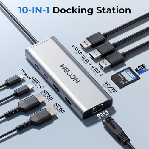 USB C Laptop Docking Station Dual HDMI Monitor, 10-in-1 USBC Hub Dongle Dock with 2 HDMI 4K@60Hz, PD Charging, SD/Micro SD for Laptop MacBook/HP/Dell/Surface/Thinkpad… - color: Gray